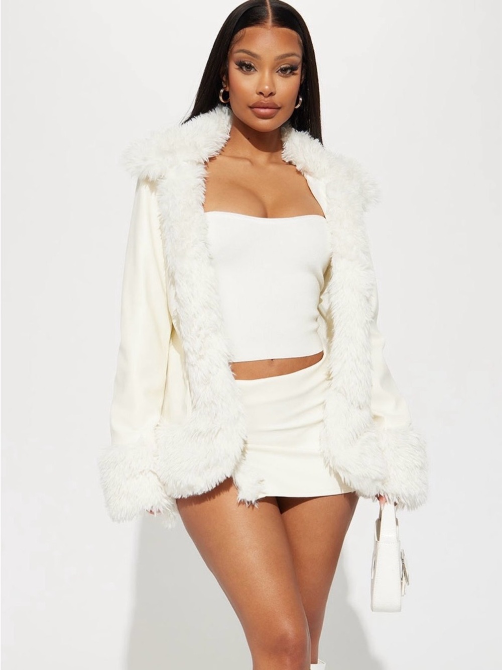 Faux Fur Trim Cream Jacket & Mini Skirt Set